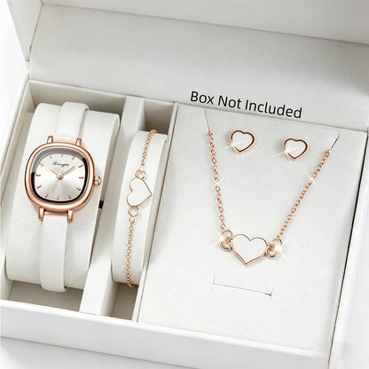 5PCS Fashion Square Women Quartz Watch Ultra-fine Leather Strap Wristwatches Heart Jewelry Set Relogio Feminino (Without Box)