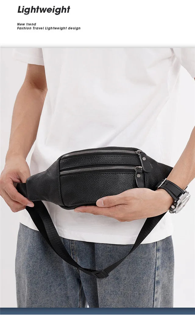 Men's Genuine Leather Chest Bag Double Zipper Cowhide Fanny Pack Casual Crossbody Sling Bag for Daily Commute & Travel