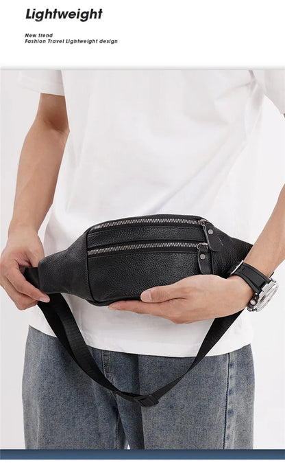 Men's Genuine Leather Chest Bag Double Zipper Cowhide Fanny Pack Casual Crossbody Sling Bag for Daily Commute & Travel