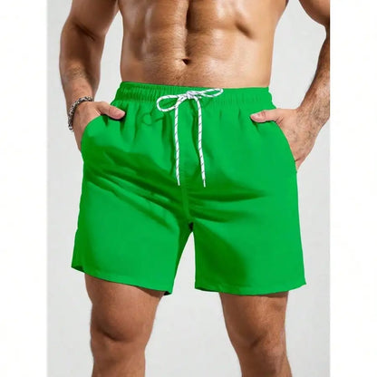 Palasendo Men's Plain Pocketed Drawstring Waist Beach Shorts, Suitable For Summer, Hawaiian, Men Dry Fit Orange Swim Trunks, Men Swim Trunk Matching, Men Beachwear, Plain Swim Trunks