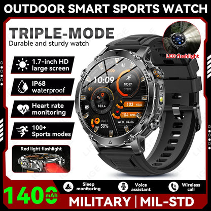 Smartwatch LIGE 2026 wojskowy, bateria 1400mAh, dla mężczyzn, latarka zewnętrzna, wodoodporność IP68, pulsometr, połączenia Bluetooth, bransoletka sportowa