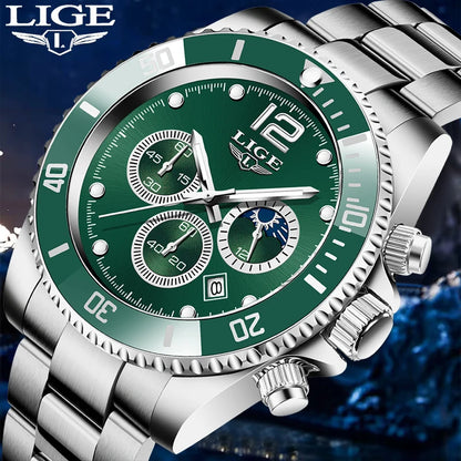 LIGE Outdoor Sport Watch For Men Fashion Military Waterproof Luminous Men Watch Round Stainless Steel Quartz Chronograph Male