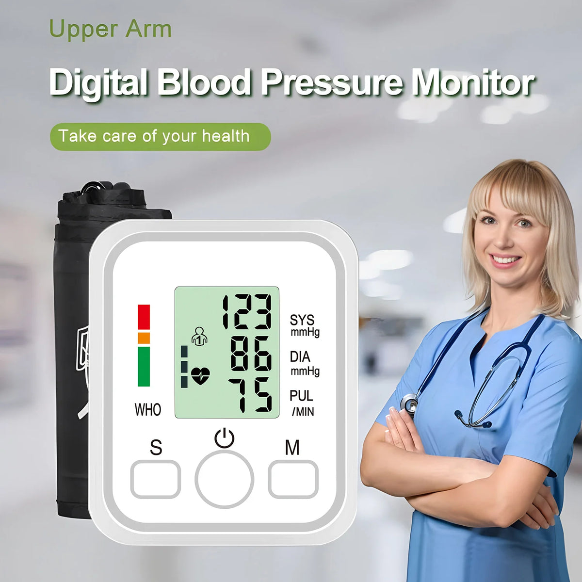 Automatic Digital Blood Pressure Monitor Upper Arm with Arrhythmia Detection Adjustable Cuff LED Display Health Tonometer