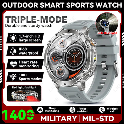 Smartwatch LIGE 2026 wojskowy, bateria 1400mAh, dla mężczyzn, latarka zewnętrzna, wodoodporność IP68, pulsometr, połączenia Bluetooth, bransoletka sportowa