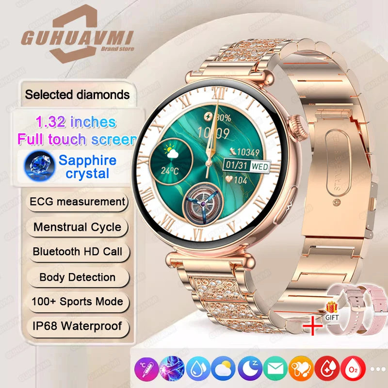 ECG Smart Watches Women 1.32 inch  AMOLED Screen Physical Examination Blood oxygen Pressure Fat Call Health ECG+PPG Smartwatch