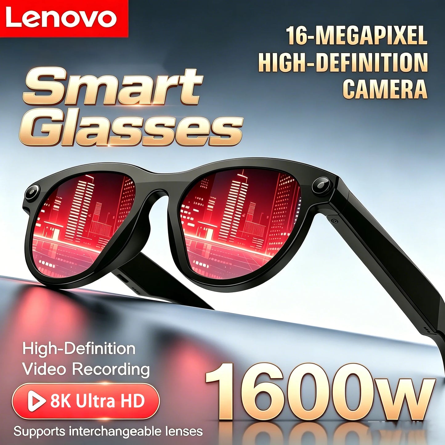 Lenovo NEW 8K 1600W HD AI Smart Glasses Camera Dual Real-time Translation Bluetooth Call Shoot Audio Video Music Play Sunglasses