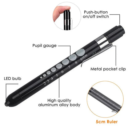 2Pcs Portable Led Flashlight Work Light Medical First Aid Pen Light Torch Lamp with Pupil Gauge Measurements Doctor Diagnosis