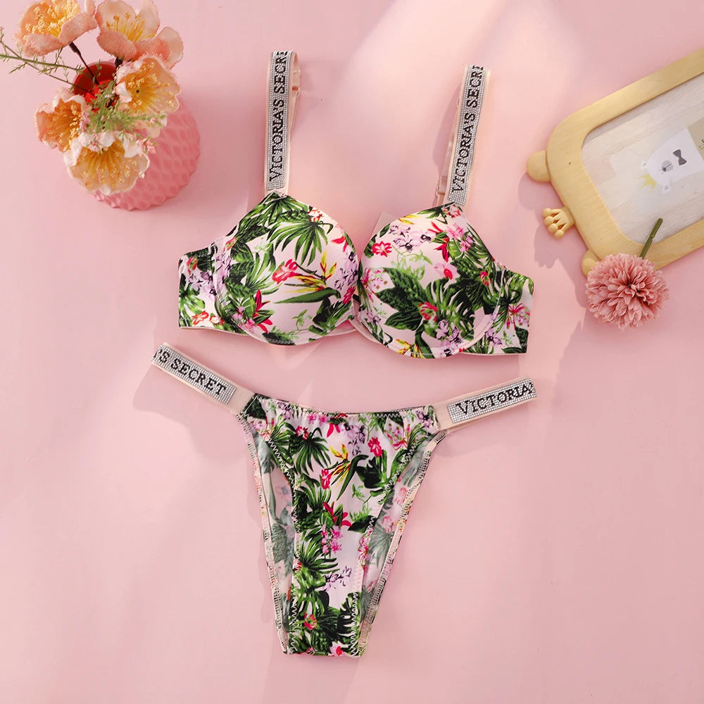Victoria s Secret Rhinestone Logo Shoulder Straps Lace Underwear Sexy Lingerie Set Push Up Bra And Panties Set For Women