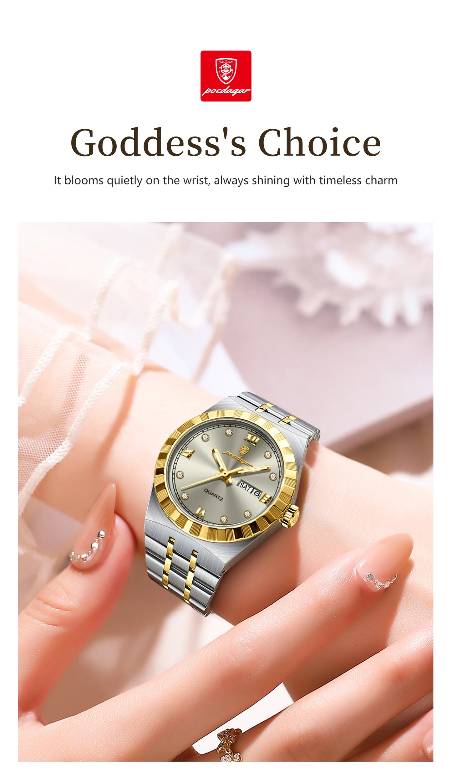 POEDAGAR Elegant Casual Ladies Watch Luminous Waterproof Week Date Fashion Woman Wristwatch Stainless Steel Women Quartz Watches