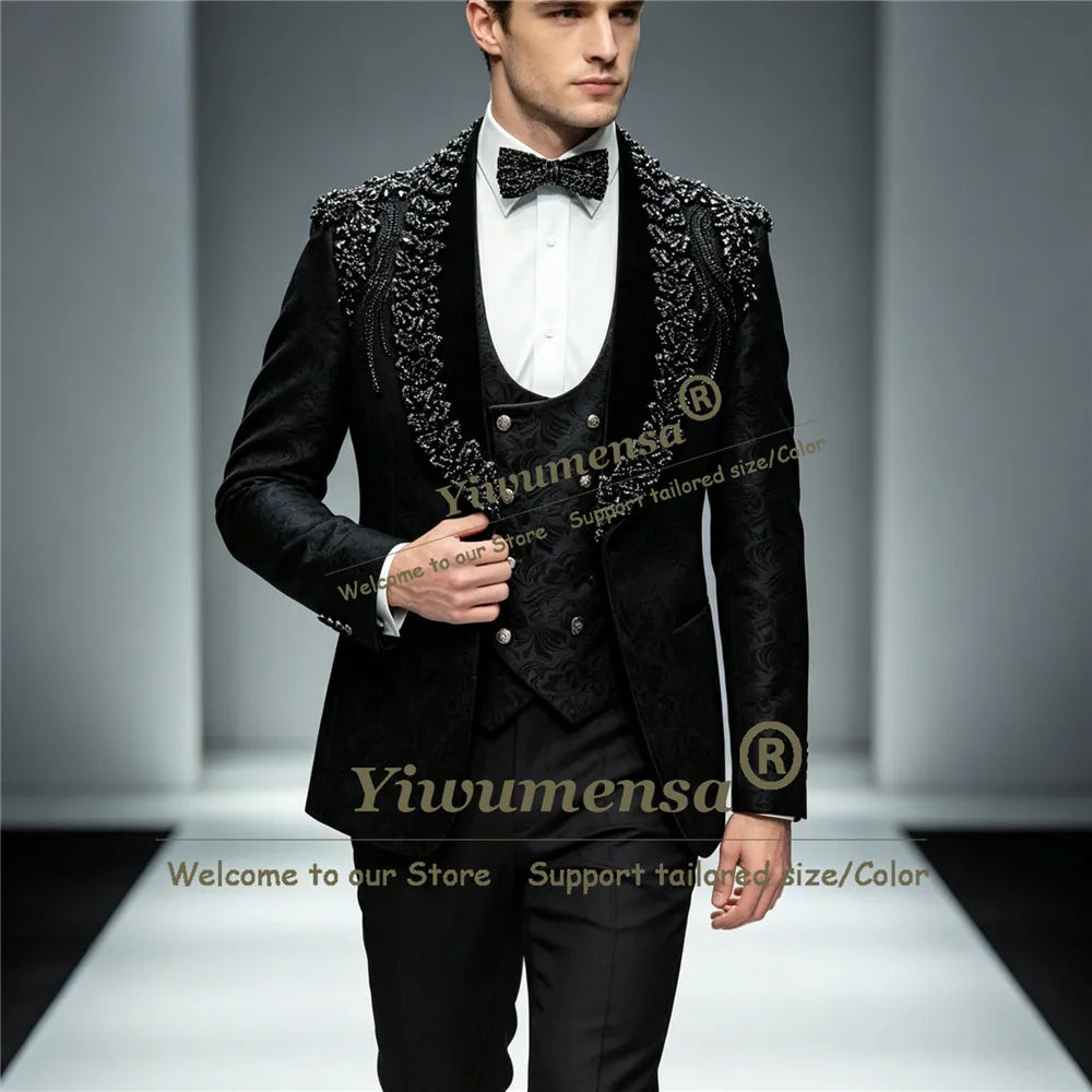 Double Breasted 2 Pieces Wedding Attire Slim Fit Separates Mix Match Luxury Beaded Lapel Suits for Men Stage Formal Groom Tuxedo