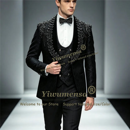 Double Breasted 2 Pieces Wedding Attire Slim Fit Separates Mix Match Luxury Beaded Lapel Suits for Men Stage Formal Groom Tuxedo