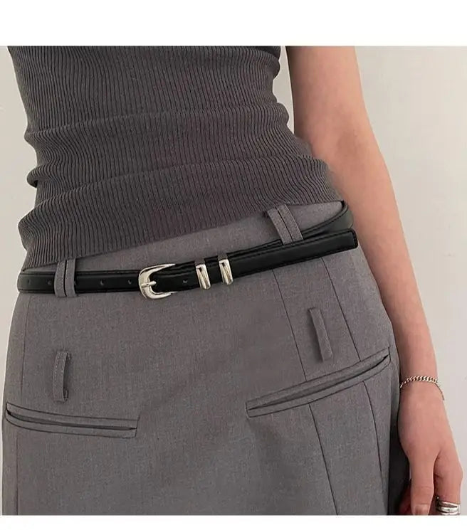 Woman's Fashionable Belts Black Simple Thin PU Belts Trousers Skirt Versatile Belts Student's Casual Belt