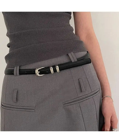 Woman's Fashionable Belts Black Simple Thin PU Belts Trousers Skirt Versatile Belts Student's Casual Belt