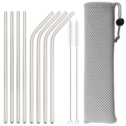 11Pcs Reusable Black Straw Set 304 Stainless Steel Straw Straight Bent Drinking Straw With Cleaning Brush Home Bar Accessory