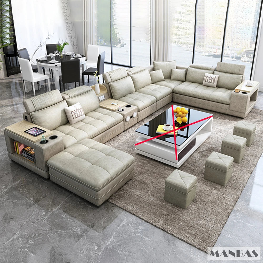 Modern U-Shaped Fabric Couch with Stools, Sectional Sofa Set with Storage Console & Cup Holder, Modular Corner Sofa with Pillows