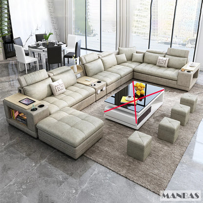 Modern U-Shaped Fabric Couch with Stools, Sectional Sofa Set with Storage Console & Cup Holder, Modular Corner Sofa with Pillows