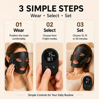 LED Face Mask 5 Light Modes Full Face Beauty Device Detachable Controller 10/15/20 Min Timer Rechargeable At Home Skin Care