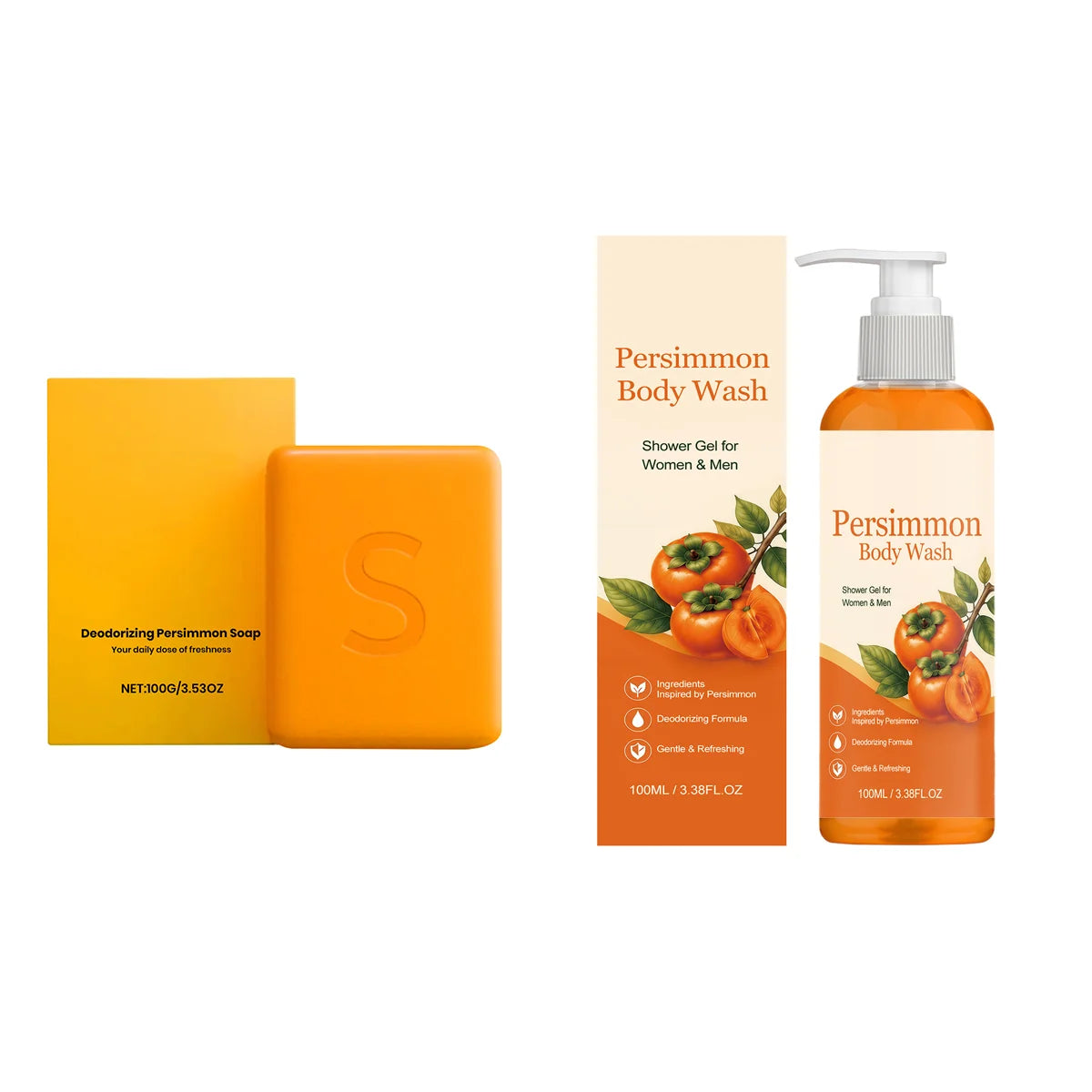 Persimmon Soap Bar and Persimmon Body Wash for Body Odor Control Natural Fruity Aroma Shower Cleanse Gel Bath Soap for Women&Men
