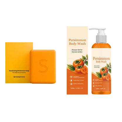 Persimmon Soap Bar and Persimmon Body Wash for Body Odor Control Natural Fruity Aroma Shower Cleanse Gel Bath Soap for Women&Men
