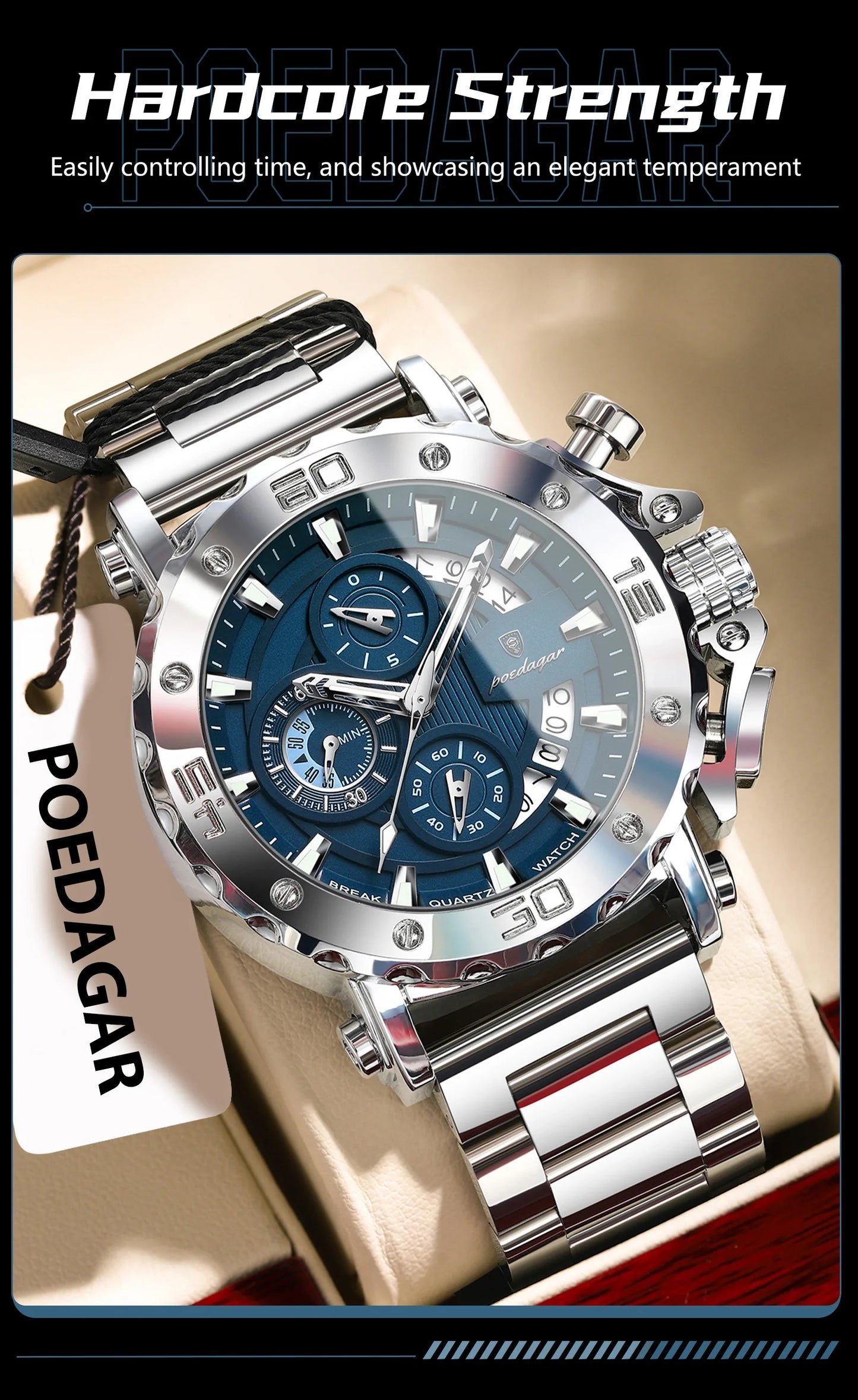 POEDAGAR Top Business Men's Wristwatch Luminous Waterproof Man Clock Chronograph Calendar Stainless Steel Quartz Watches For Men