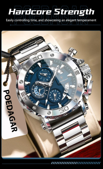 POEDAGAR Top Business Men's Wristwatch Luminous Waterproof Man Clock Chronograph Calendar Stainless Steel Quartz Watches For Men