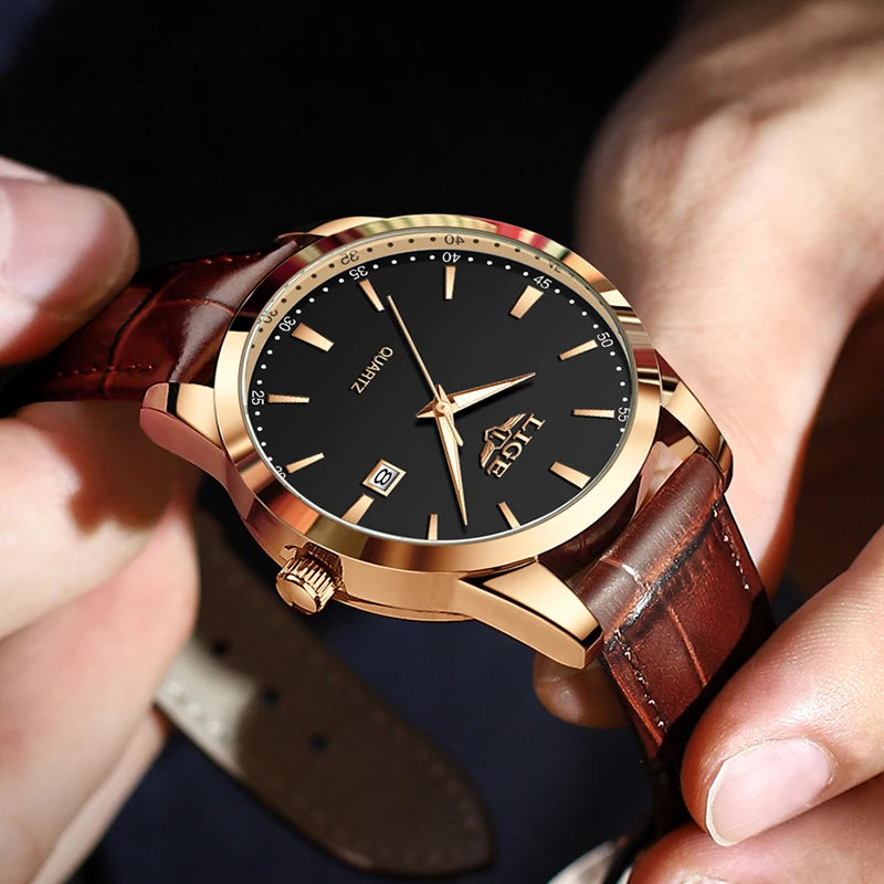 LIGE Military Watch For Men Fashion Business Watch Men Casual Leather Sport Waterproof Men's Quartz Wristwatches Reloj Hombre