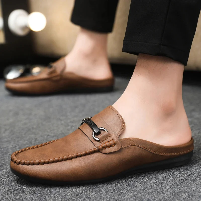 Summer Half Shoes For Men Comfortable Leather Casual Shoes Soft Flat Men's Loafers Lightweight Slip-on Shoes Man Daily Slippers