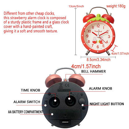 Strawberry children's alarm clock, quiet operation time, children's favorite desk clock, with night light function,