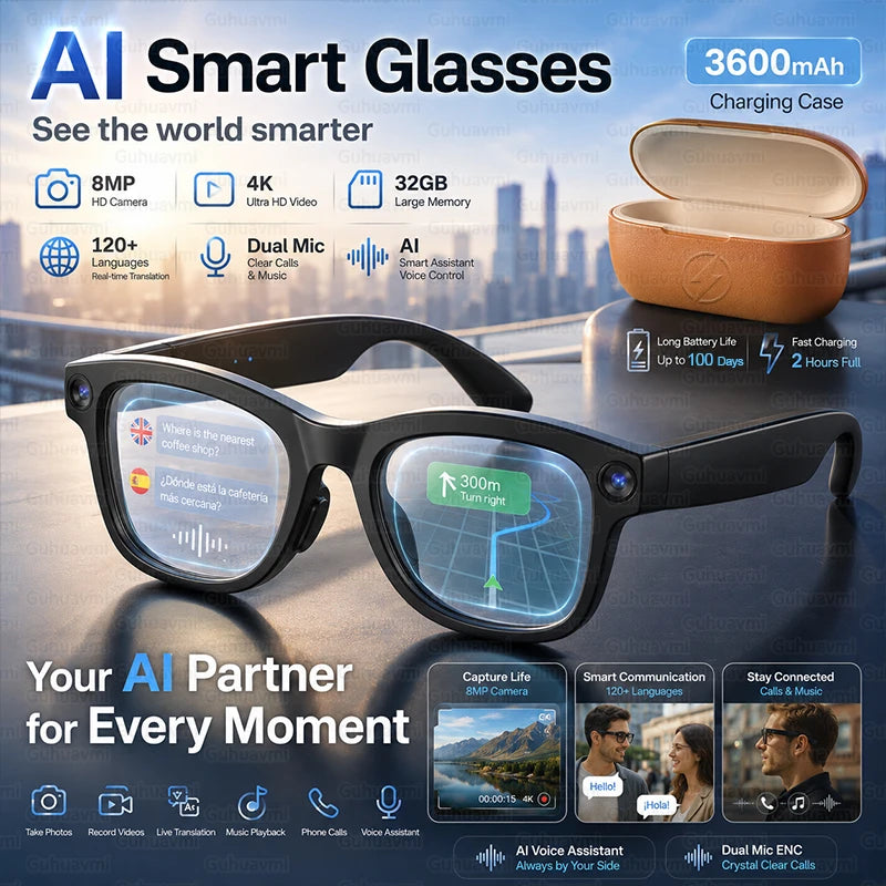 Next-Gen AI Smart Glasses 4K HD Video Recording 120+ Languages Translation 3600mAh Charging Case Bluetooth Call Music Sunglasses