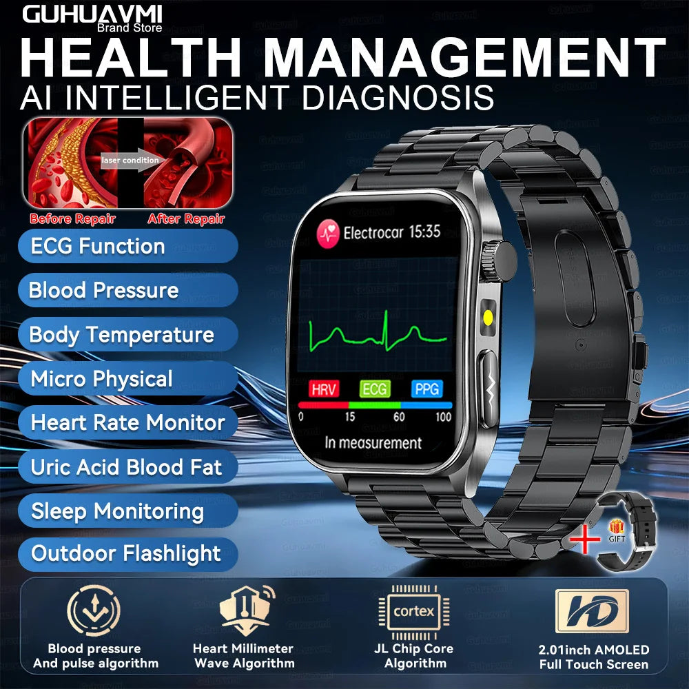 GUHUAVMI New Laser Therapy ECG+PPG Smart Watch Health Monitor Blood Lipids Uric Acid Heart Rate Tracking Monitoring Smartwatches