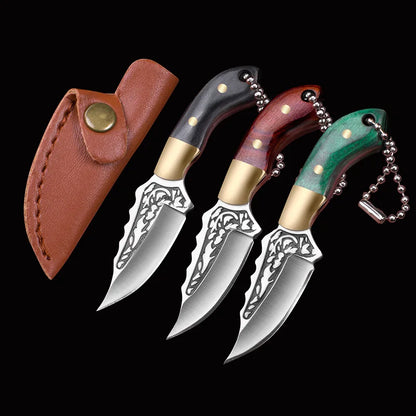 Portable Mini Knife Brass Wood Unboxing Hollow Blade EDC Fixed Blade Leather Cover Cutter Outdoor Surivival Tools Gift