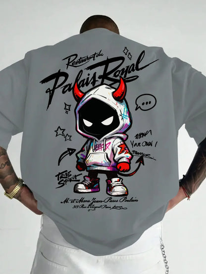 American men's summer personalized small devil letter print comfortable and breathable round neck T-shirt outdoor street top