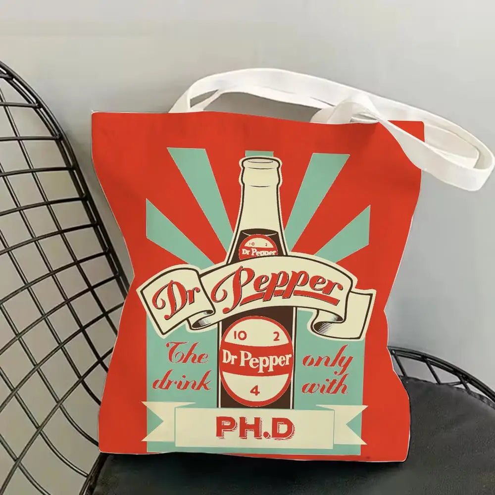 Classic Red Drink D-Dr P-PePper Storage Bags Canvas Double-Sided Print Fashion Shoulder Tote Shopping Bag Gift Eco Handbags