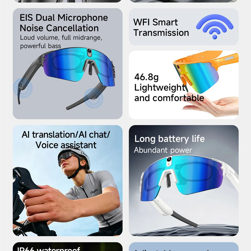 Inteligentne okulary rowerowe AI 4K HD z kamerą 800W, połączenia Bluetooth, tłumaczenie, stabilizacja obrazu, przeciwsłoneczne, dla mężczyzn i kobiet, anty-UV, wodoodporne, muzyka