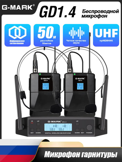 Wireless Lavalier Microphone G-MARK GD1.4 UHF Professional Headset Clip Mic Bodypack Frequency Adjustable 50M For Party Show
