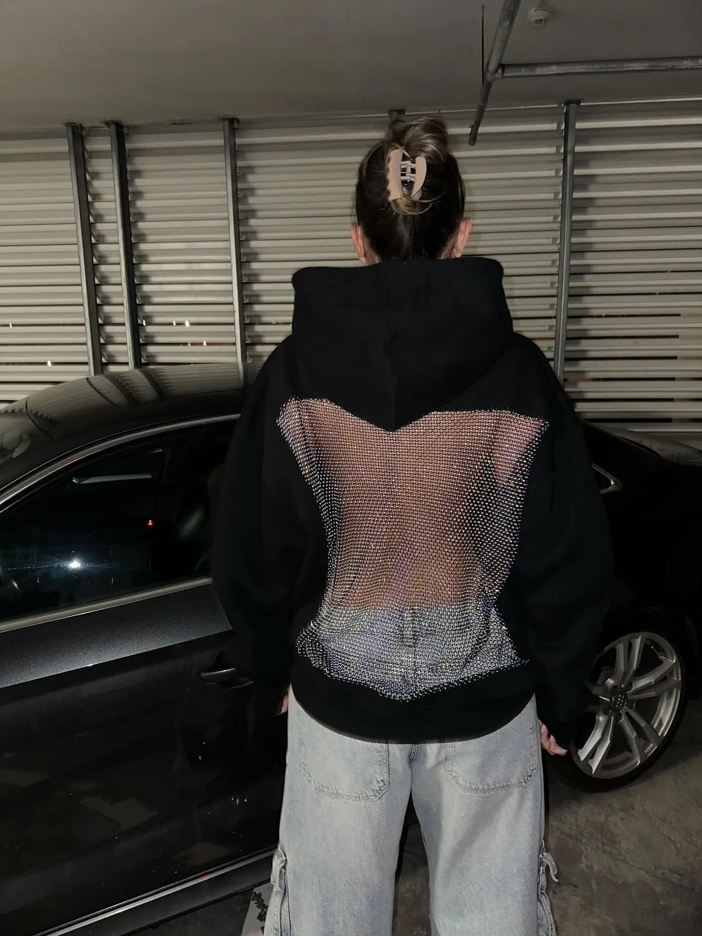 Harajuku Gothic Sexy Backless Hoodie Y2K Clothes Womens Rhinestone Sparkling Mesh Design Oversized Hoodie Pullover Tops