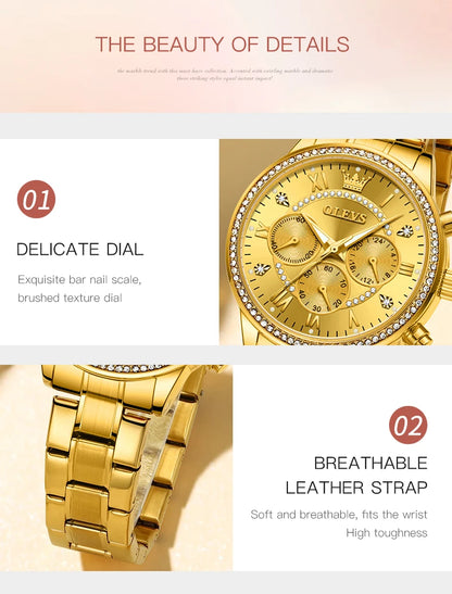 OLEVS Women's Watches Top Brand Luxury Original Quartz Watch for Ladies Chronograph Waterproof Luminous Rhinestone Dial 24 Hour