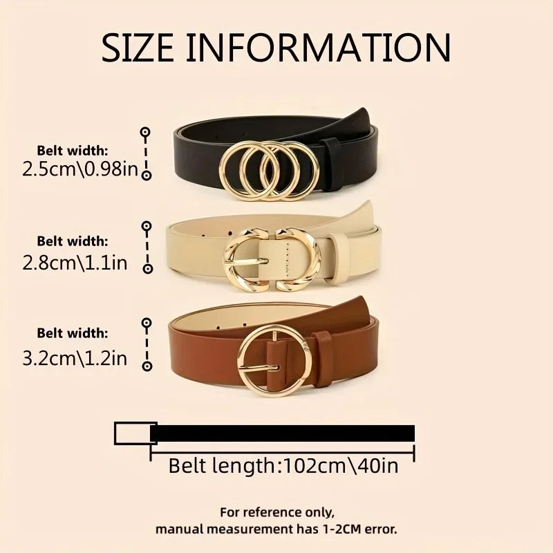 3pcs Women'S Belt Set - Chic  Versatile for Jeans, Dresses  Classic Belts with Dual Triple Ring Buckles, Elegant Solid Colors