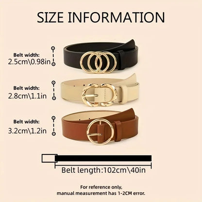 3pcs Women'S Belt Set - Chic  Versatile for Jeans, Dresses  Classic Belts with Dual Triple Ring Buckles, Elegant Solid Colors