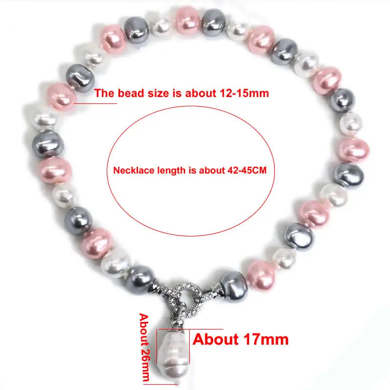 Luxury style Cultured 12-15m White Potato Freshwater Pearl Necklace Cz Pave Shell Pearl Pendant Weddding