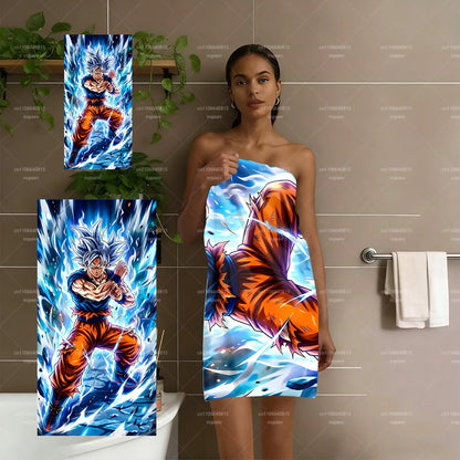 Dragon Ball Ultra Instinct Goku Beach Towel, Blue Ice Flame Anime Microfiber Quick Dry Absorbent Swim Towel for Fans
