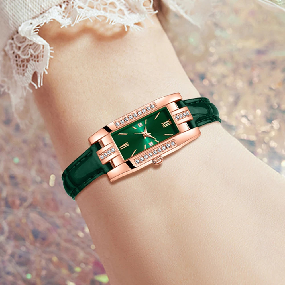 9 Pieces Green Watch for Women Set Fashionable Rectangular Dial Watch Quartz Bracelet Necklace Earrings Set Holiday Gift