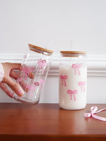 1/2/4/6Pcs Glass Cups with Bowknot Print, with Lid and Straw, Exquisite and High-End Bowknot Glass Cups, Suitable for Home Decoration, Daily Household Drinking Cups, Outdoor Picnic Cups, Party Cups, Breakfast Milk Cups, Gift-
