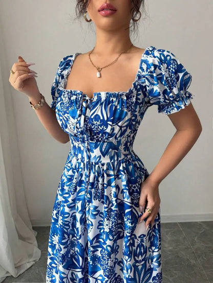 Elegant Women's Floral Print Bubble Sleeve Dress, Blue Long Dress, Front Tie Back Gathered Waist, Casual Vacation