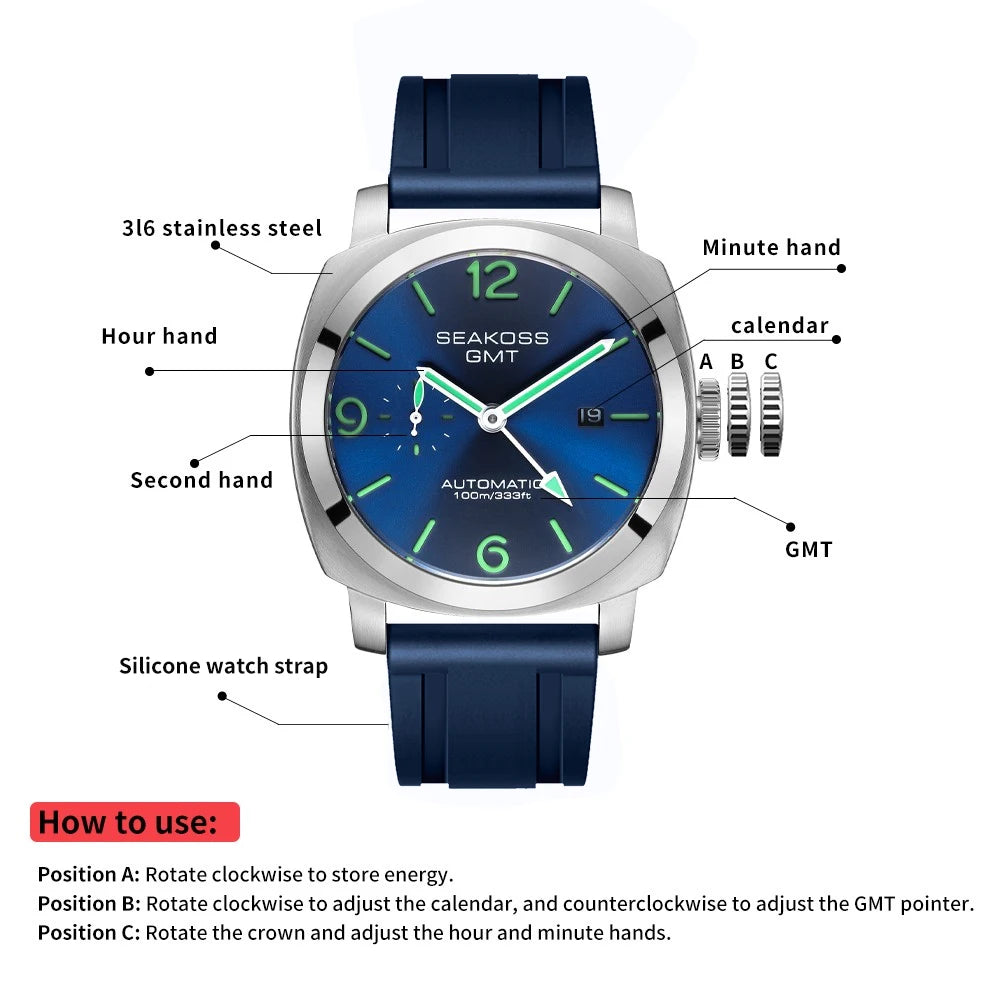 SEAKOSS GMT Super Luminous Diving Automatic Mechanical Watch Men 10ATM 1963 Seagull st2557 Movement Calendar Sapphire Wristwatch