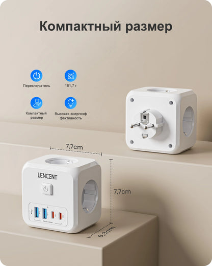 LENCENT EU Plug Power Strip with  3 AC Outlets +3 USB Charging Ports+ 1 Type C 5V 2.4A  Adapter 7-in-1 Plug Socket On/Off Switch