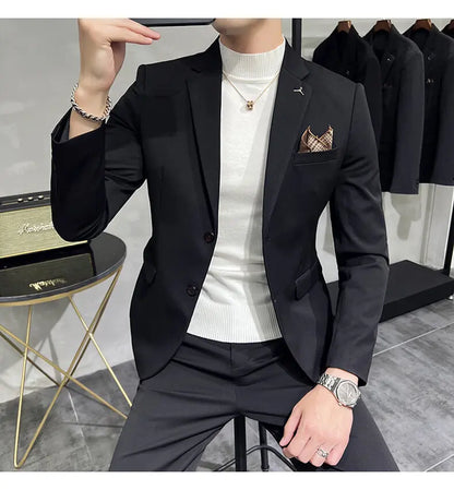 High quality Korean slim fit (suit + trousers) Fashion business handsome casual solid color wedding suit two-piece set