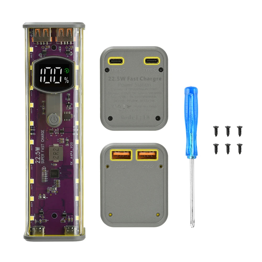 22.5W/45W 18650 Power Bank Case Fast Charging DIY Transparent Battery Storage Box Digital Display USB Type-C Battery Holder
