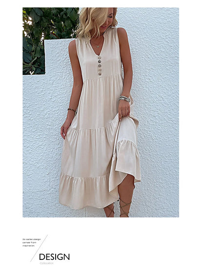 Casual Summer Midi Dress Women Sleeveless Tank V Neck Buttons Ruffle Loose Dresses Beach Soild Sundress Fashion
