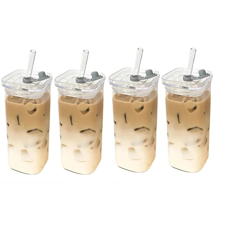 1PCS Square Heat Resistant Coffee Glass Cup With Lid and Straw Transparent Milk Tea Juice Cups Coffee Mug For Home Bar Drinkware